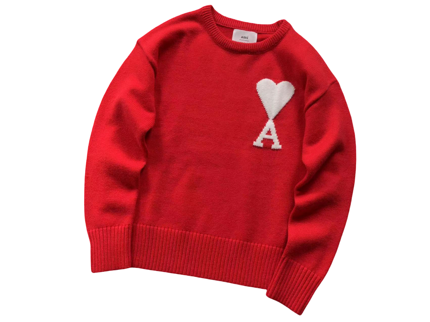 AMI Paris Maxi White Heart Knit Sweater - (RED)
