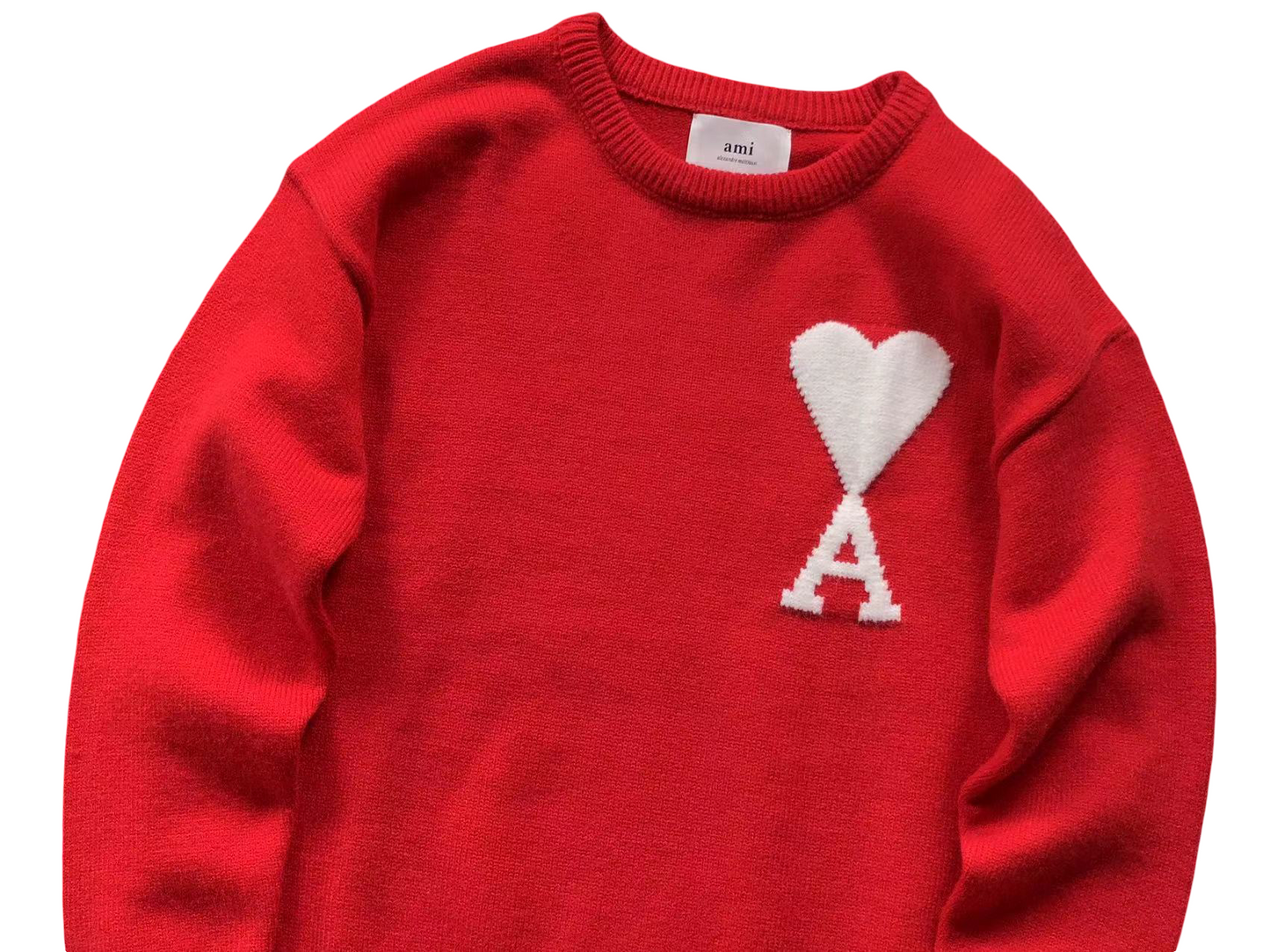 AMI Paris Maxi White Heart Knit Sweater - (RED)